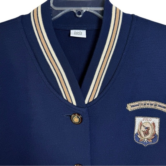 Vtg “Polo” Varsity Cardigan Sweater Size 40 = Large Navy Blue Equestrian Prep - Picture 7 of 8